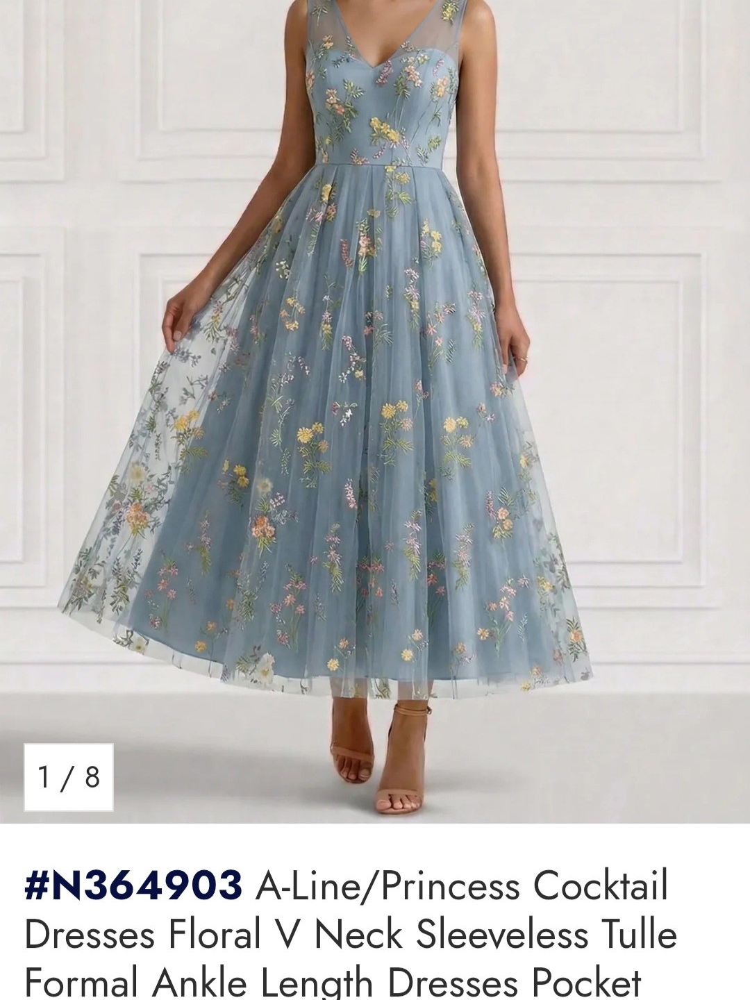 Sleeveless Floral A-Line Midi Dress In Dusty Blue